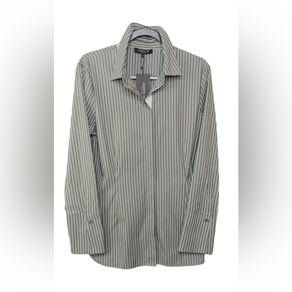 Lafayette 148 Green Striped Button Up Blouse